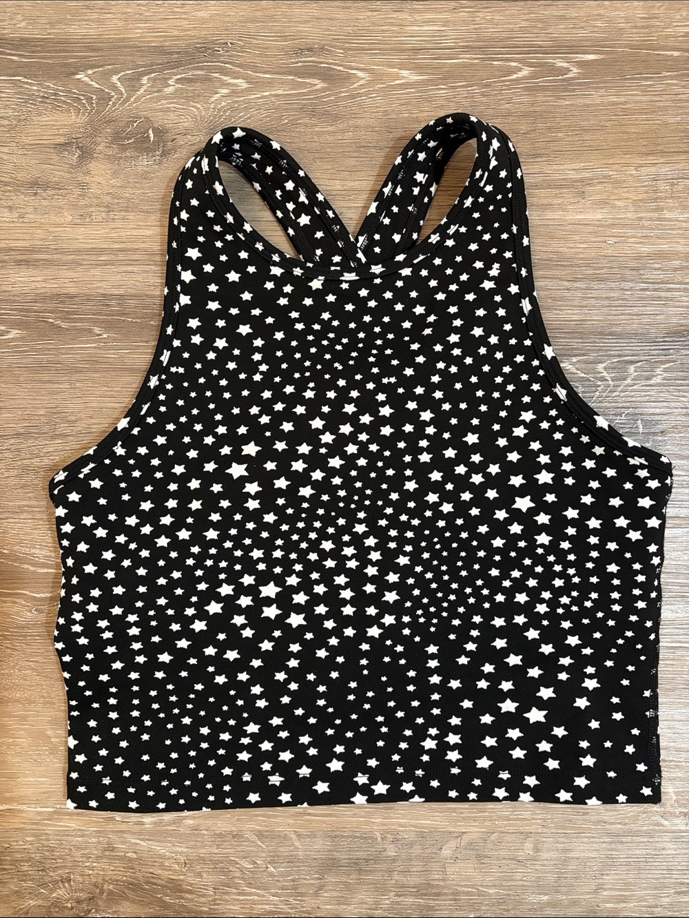 Beyond Yoga Studio Cropped Tank “Black Stars Jacquard.”CrissCross Strap HighNeck
